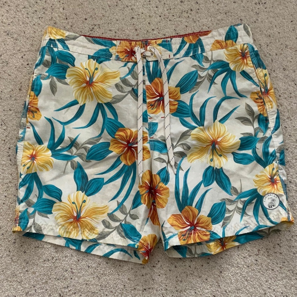 Caribbean Joe Swim Shorts / Trunks, Mens XL, Beige tropical print